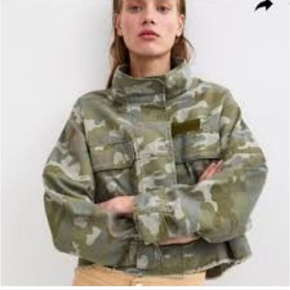 ZARA | Cropped Camo Jean Jacket Oversized Military Green Sz XS - Picture 1 of 5